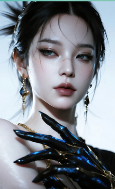 Woman with dark hair and blue eyes, wearing long earrings and dark, claw-like nails