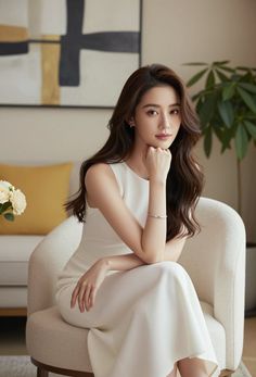 Woman in a white dress with long hair sitting in an indoor setting