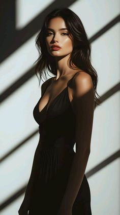 Woman in a black dress with dramatic lighting and shadows