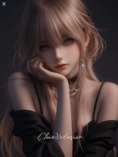 Realistic portrait of a woman with long blonde hair and a black top