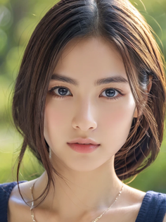 Realistic portrait of a woman with brown hair and blue eyes outdoors