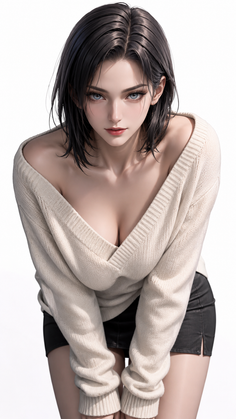 Woman with black hair wearing an off-shoulder sweater and black skirt