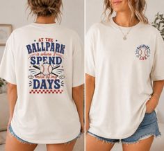 Woman wearing a baseball-themed t-shirt and denim shorts, shown from front and back