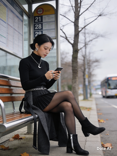 Woman in a black turtleneck and pleated skirt sitting at a bus stop