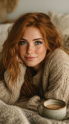 Woman with red hair and freckles wearing a knitted sweater, holding a coffee cup