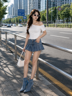 Woman in a denim skirt and off-shoulder top posing on a city street