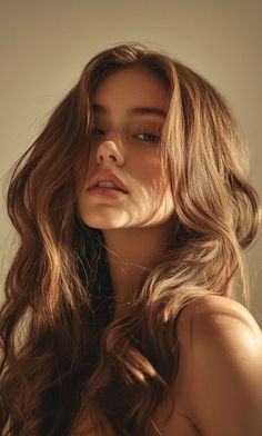Woman with long wavy hair and freckles in soft, warm lighting