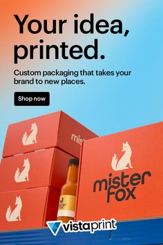 Red product boxes and a hot sauce bottle with 'Mister Fox' branding on a blue shelf