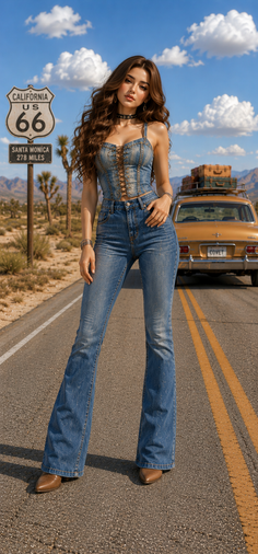Woman in a denim outfit standing on a desert road with a Route 66 sign