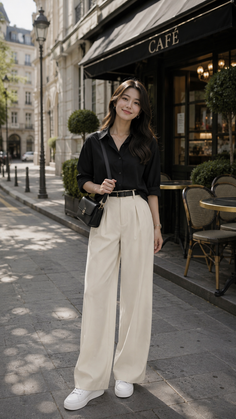 Woman in a black shirt and wide leg pants standing on a street in front of a cafe