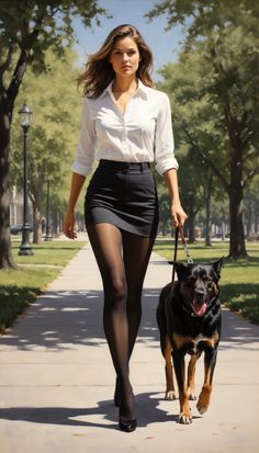 Woman in a white shirt and black skirt walking a dog in a park
