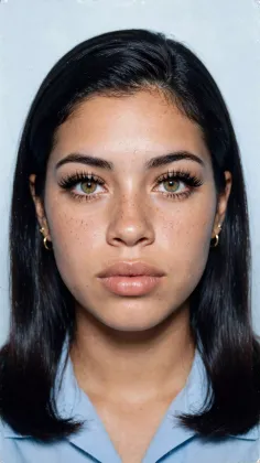 Woman with black hair, green eyes, and freckles wearing a light blue shirt