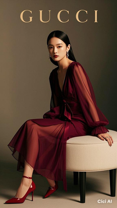 Woman in a sheer red dress and red heels sitting on a stool