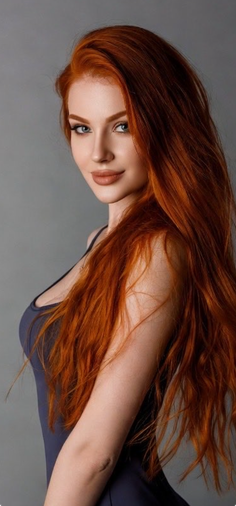 Woman with long red hair and blue eyes in a dark top, looking at the camera