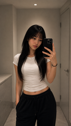 Woman with long black hair taking a mirror selfie in a white crop top and black sweatpants