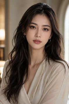 Woman with long dark hair and hoop earrings in a light colored top