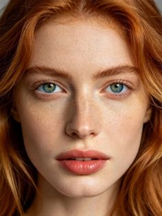 Close up portrait of a woman with red hair, blue eyes, and freckles