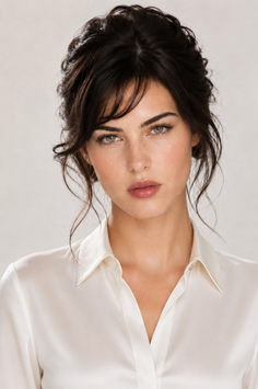 Woman with dark hair and a white shirt looking directly at the camera