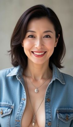 Woman in a denim jacket with cleavage and a smiling expression