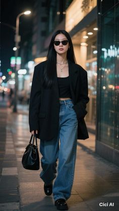 Woman in an oversized blazer and jeans walking on a city street at night