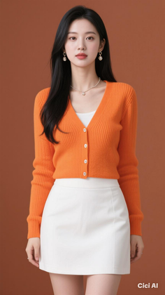 Woman with long black hair wearing an orange cardigan and white mini skirt