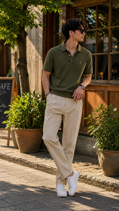 Man in a green polo shirt and khaki pants standing outdoors