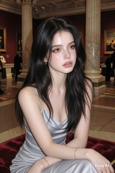 Woman with long black hair in a silver dress sitting in a museum