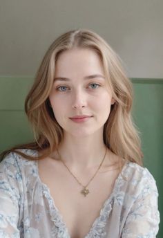 Woman with blonde hair and blue eyes wearing a floral top and necklace indoors