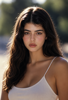 Woman with long wavy hair in a white tank top with soft outdoor lighting