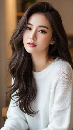 Woman with long wavy dark hair wearing a white sweater, looking at the camera