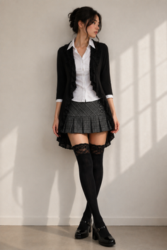 Woman in a plaid skirt and thigh high socks leaning against a wall