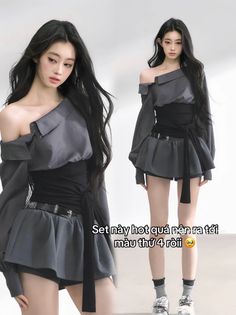 Woman with long black hair wearing an off-shoulder top and mini skirt