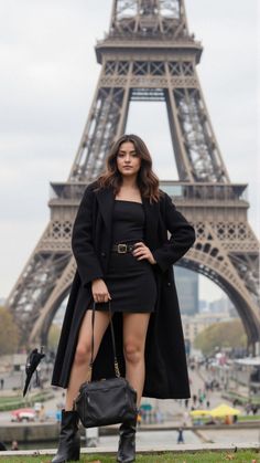 Woman in a black dress and long coat posing in front of the Eiffel Tower