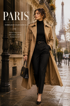 Woman in a trench coat and black outfit walking on a street in Paris