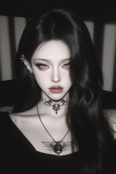Gothic style portrait of a woman with long black hair and pale skin