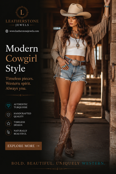 Woman in a cowgirl hat, fringe jacket, denim shorts, and cowboy boots