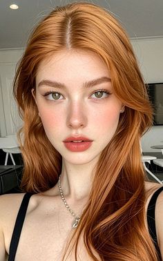 Woman with long red hair and green eyes wearing a necklace indoors