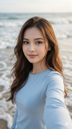 Woman with long brown hair in a blue shirt taking a selfie at the beach