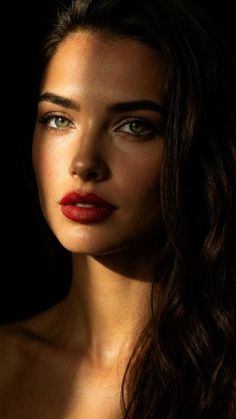 Woman with green eyes and red lipstick in dramatic lighting