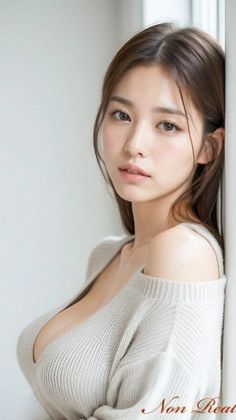 Woman with long hair wearing an off-shoulder sweater with deep cleavage