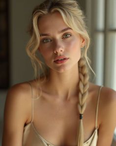 Blonde woman with a braid and green eyes in a spaghetti strap top