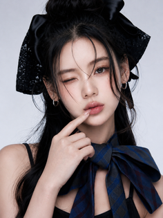 Woman with black hair and a large plaid bow winking at the camera