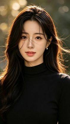 Woman with long dark hair and a black turtleneck, illuminated by backlight