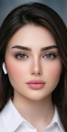 Close up portrait of a woman with dark hair and an earbud