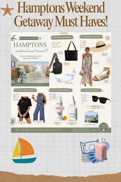 A collage of Hamptons weekend getaway must-haves including clothing, accessories, and self-care items