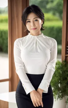 Woman with short dark hair in a white blouse and black skirt indoors