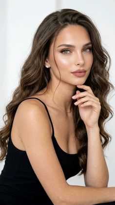Woman with long wavy hair and green eyes wearing a black tank top