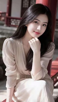 Woman with long dark hair wearing a light-colored dress outdoors