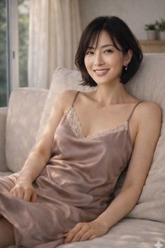 Woman with short hair wearing a slip dress with lace trim, smiling indoors
