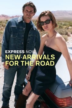 Man in denim jacket and woman in strapless dress in a desert setting